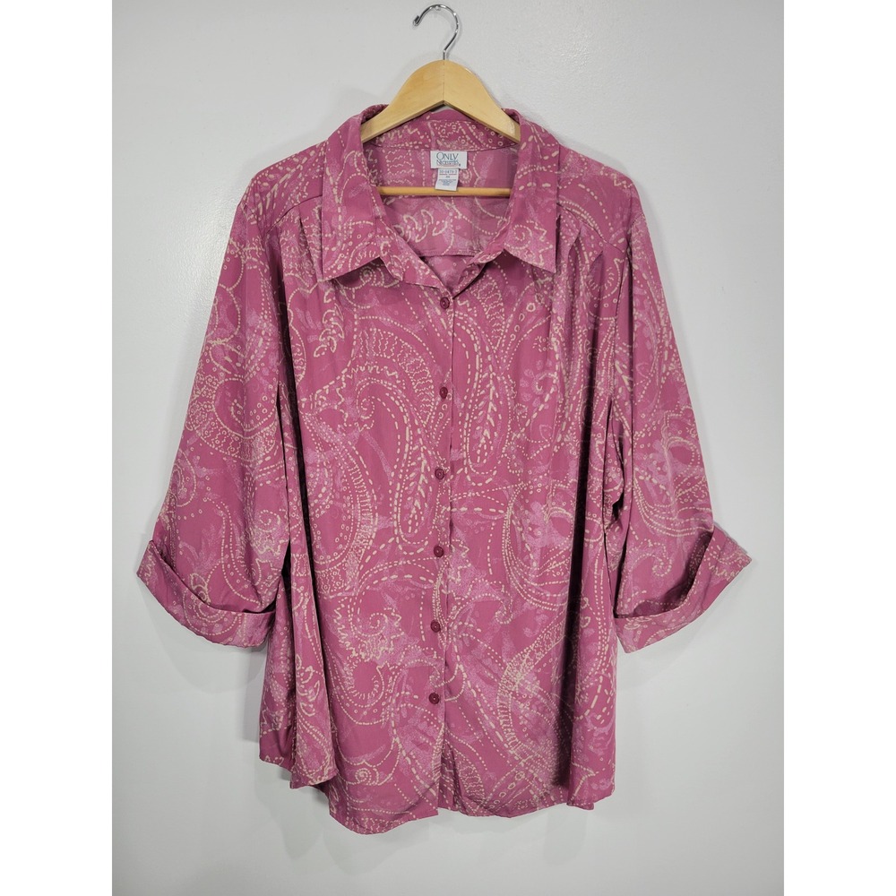 Only Necessities Womens 3X Pink Paisley Button Up Blouse 3/4 Sleeve